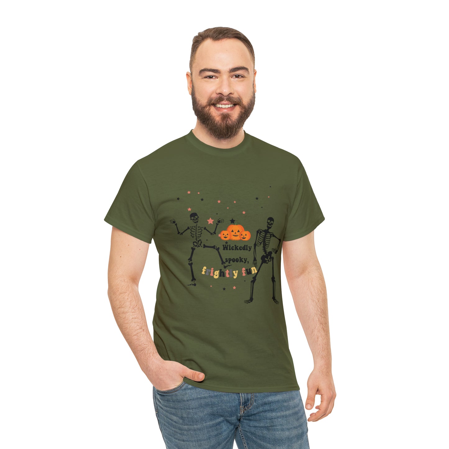 Unisex Heavy Cotton Tee| Pumpkin Halloween Shirt, Dancing Skeleton T Shirt, Pumpkin T-shirt, Fall Shirts, Wicked spooky, frightly funny.