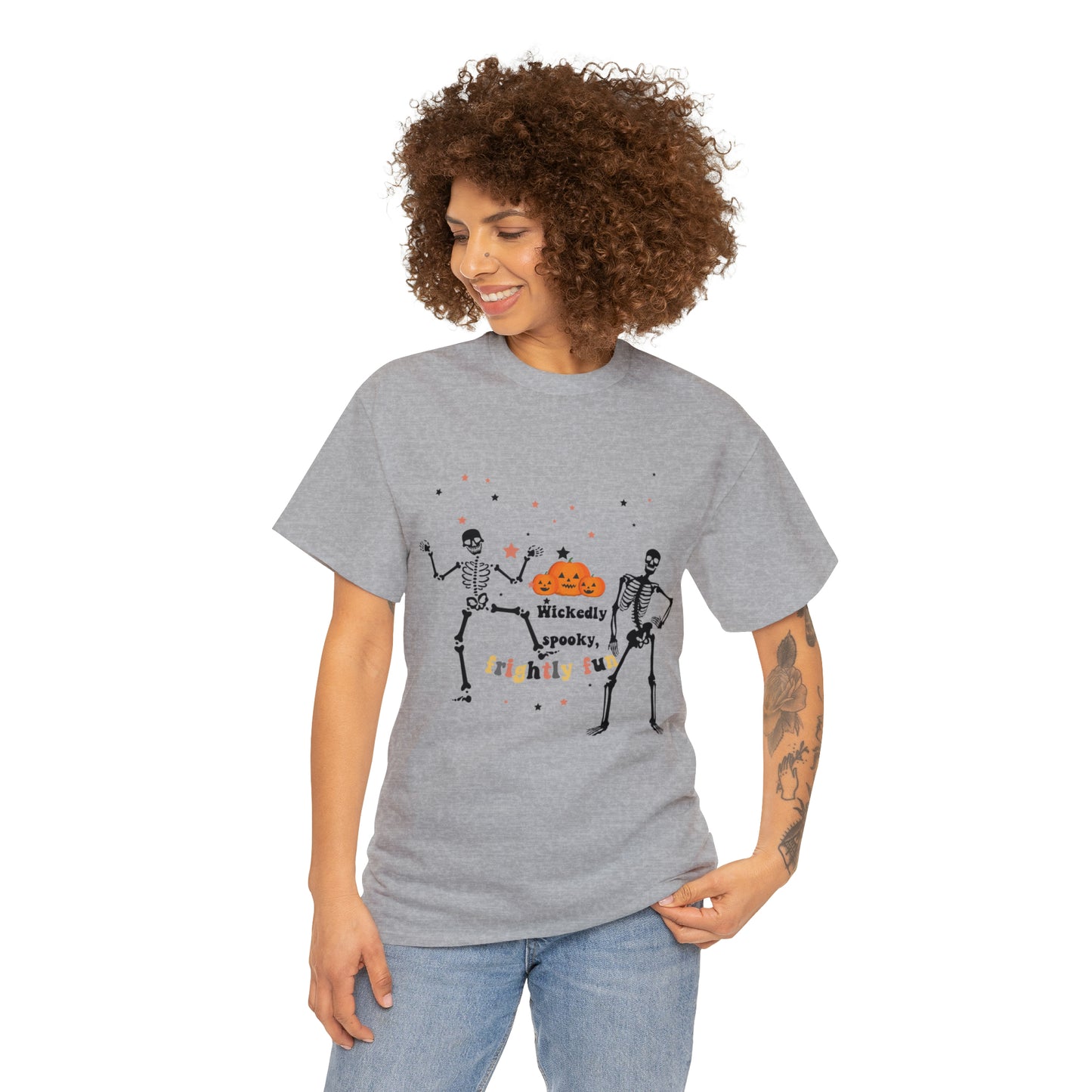 Unisex Heavy Cotton Tee| Pumpkin Halloween Shirt, Dancing Skeleton T Shirt, Pumpkin T-shirt, Fall Shirts, Wicked spooky, frightly funny.
