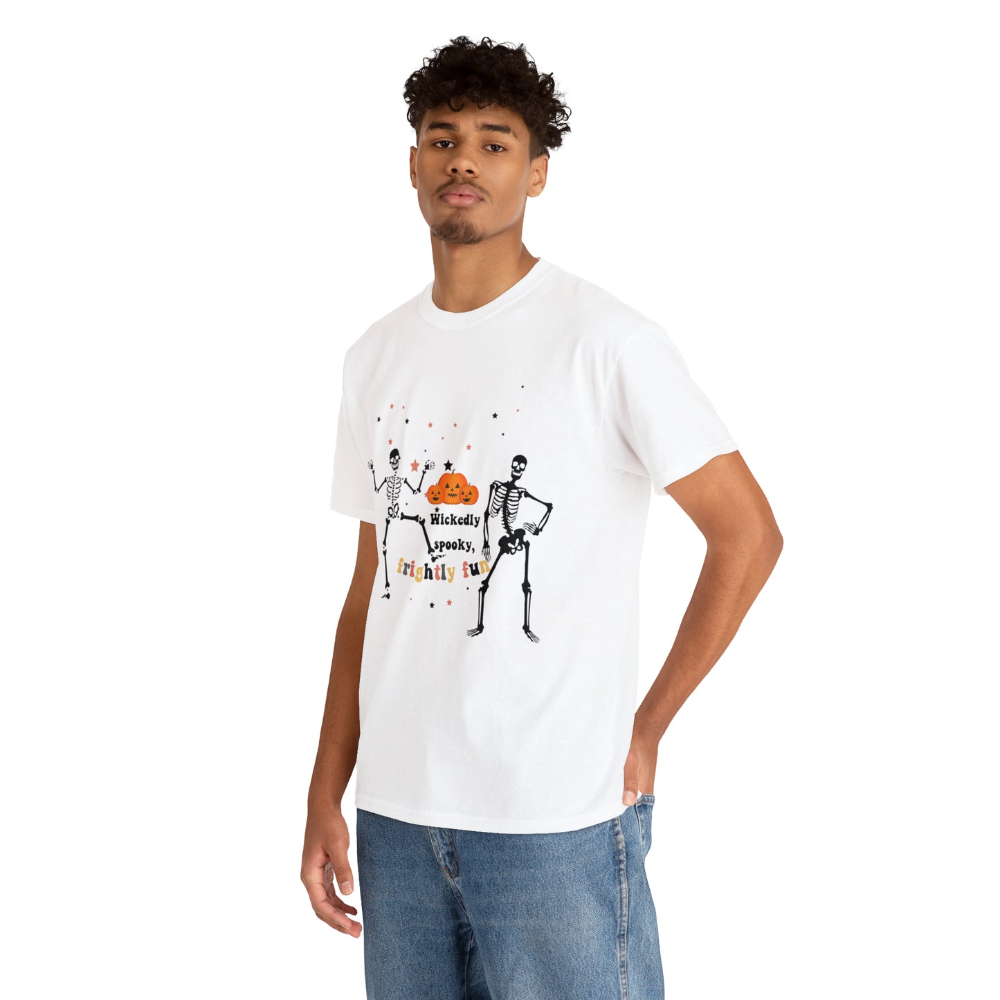 Unisex Heavy Cotton Tee| Pumpkin Halloween Shirt, Dancing Skeleton T Shirt, Pumpkin T-shirt, Fall Shirts, Wicked spooky, frightly funny.