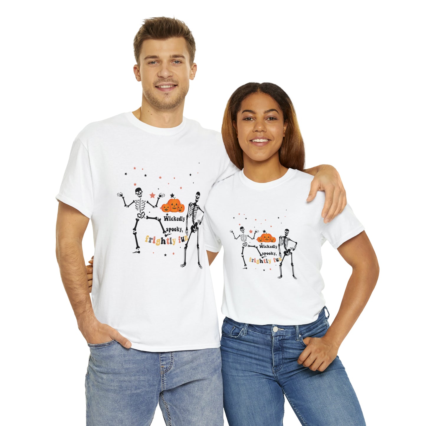Unisex Heavy Cotton Tee| Pumpkin Halloween Shirt, Dancing Skeleton T Shirt, Pumpkin T-shirt, Fall Shirts, Wicked spooky, frightly funny.