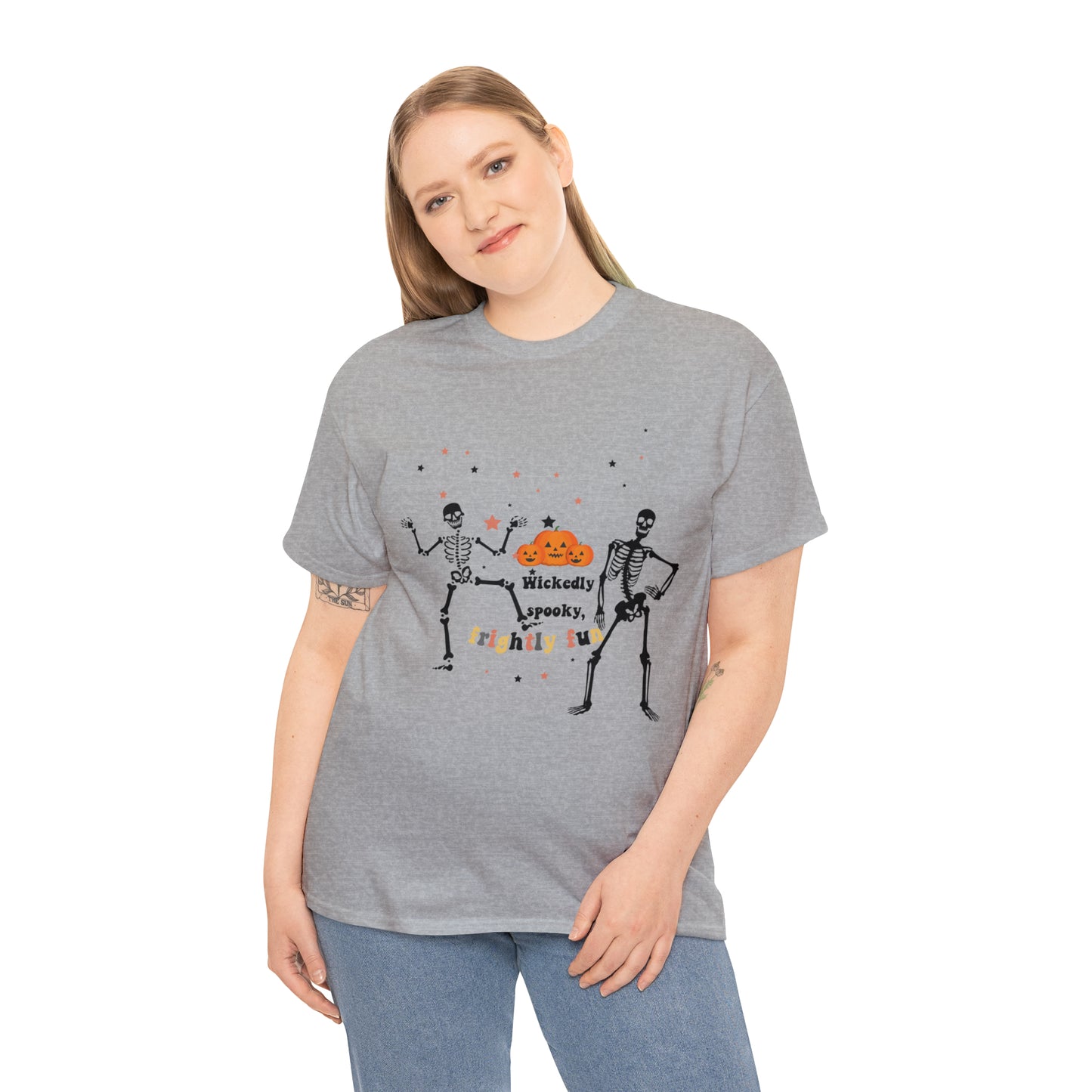 Unisex Heavy Cotton Tee| Pumpkin Halloween Shirt, Dancing Skeleton T Shirt, Pumpkin T-shirt, Fall Shirts, Wicked spooky, frightly funny.