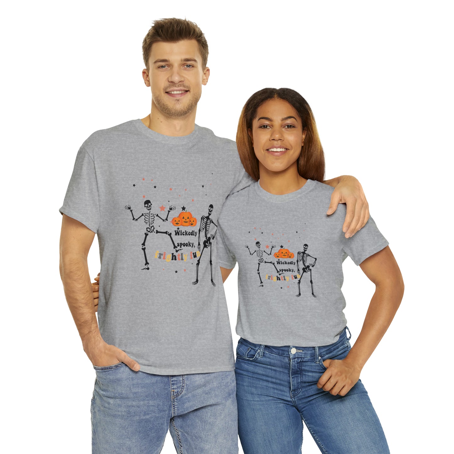 Unisex Heavy Cotton Tee| Pumpkin Halloween Shirt, Dancing Skeleton T Shirt, Pumpkin T-shirt, Fall Shirts, Wicked spooky, frightly funny.
