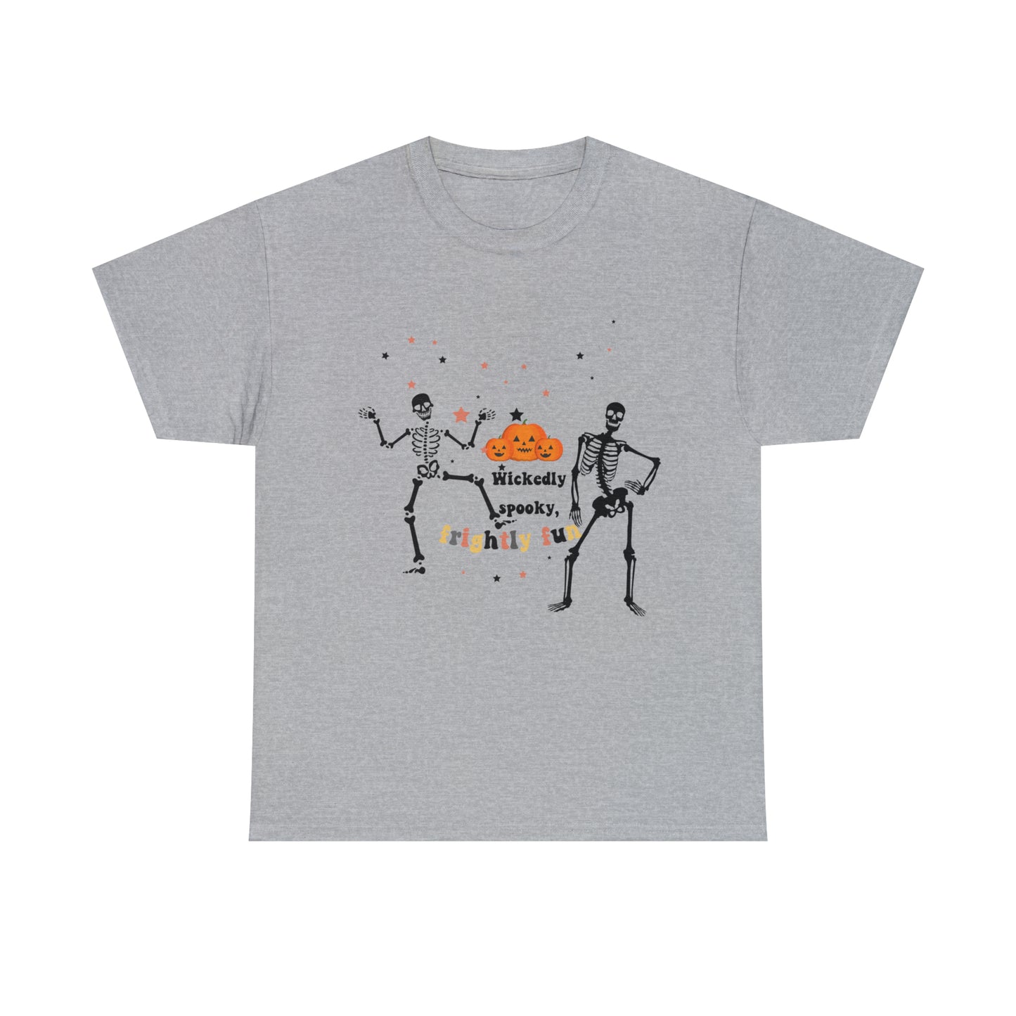Unisex Heavy Cotton Tee| Pumpkin Halloween Shirt, Dancing Skeleton T Shirt, Pumpkin T-shirt, Fall Shirts, Wicked spooky, frightly funny.