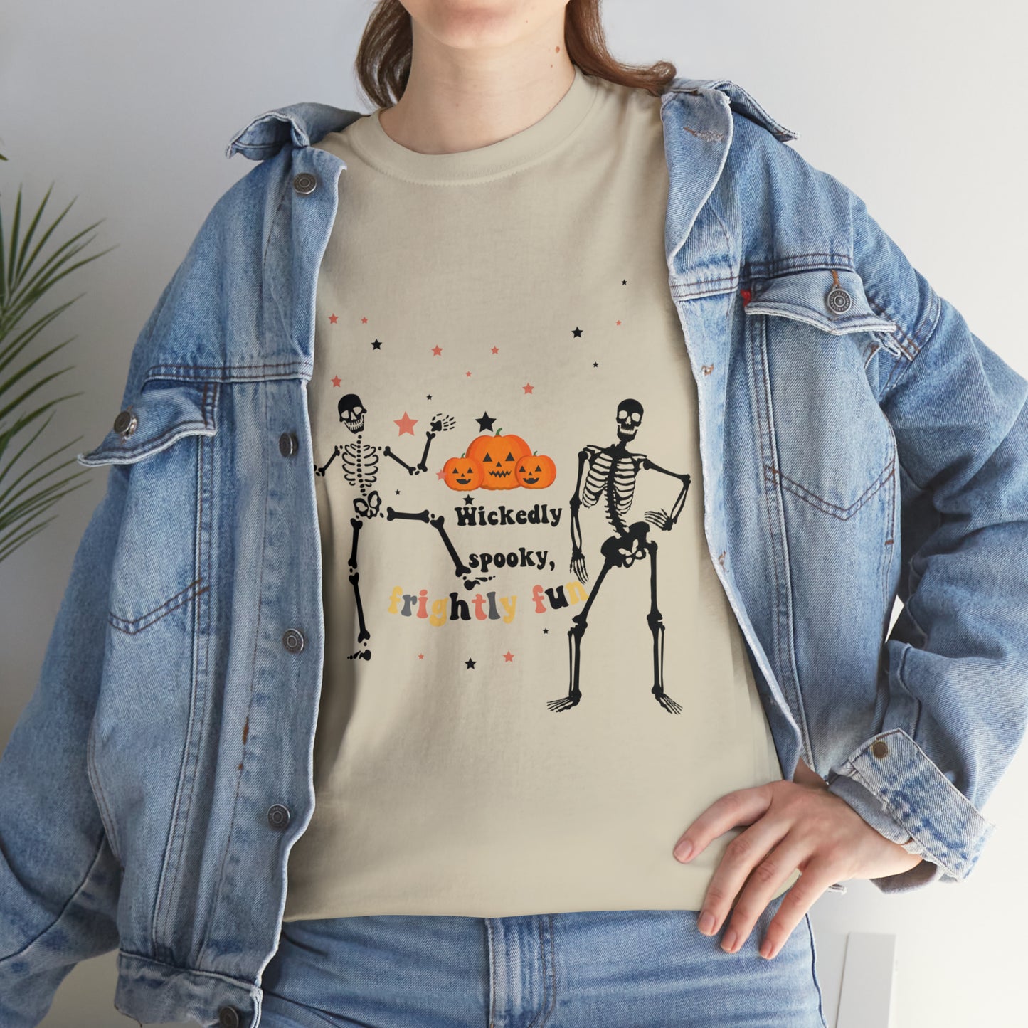 Unisex Heavy Cotton Tee| Pumpkin Halloween Shirt, Dancing Skeleton T Shirt, Pumpkin T-shirt, Fall Shirts, Wicked spooky, frightly funny.