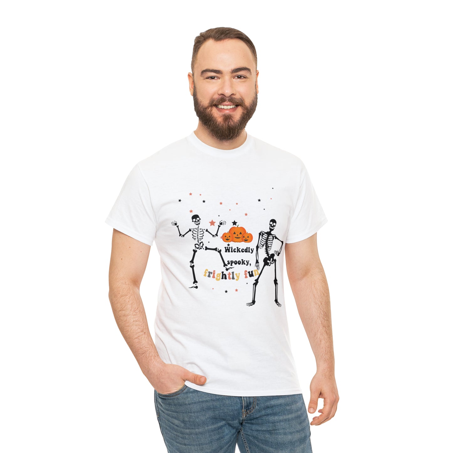 Unisex Heavy Cotton Tee| Pumpkin Halloween Shirt, Dancing Skeleton T Shirt, Pumpkin T-shirt, Fall Shirts, Wicked spooky, frightly funny.