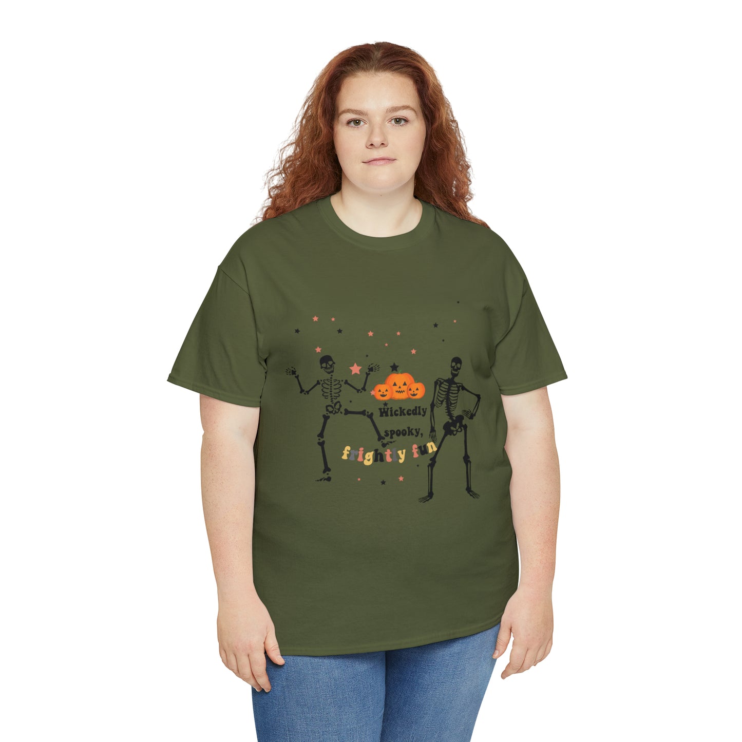 Unisex Heavy Cotton Tee| Pumpkin Halloween Shirt, Dancing Skeleton T Shirt, Pumpkin T-shirt, Fall Shirts, Wicked spooky, frightly funny.