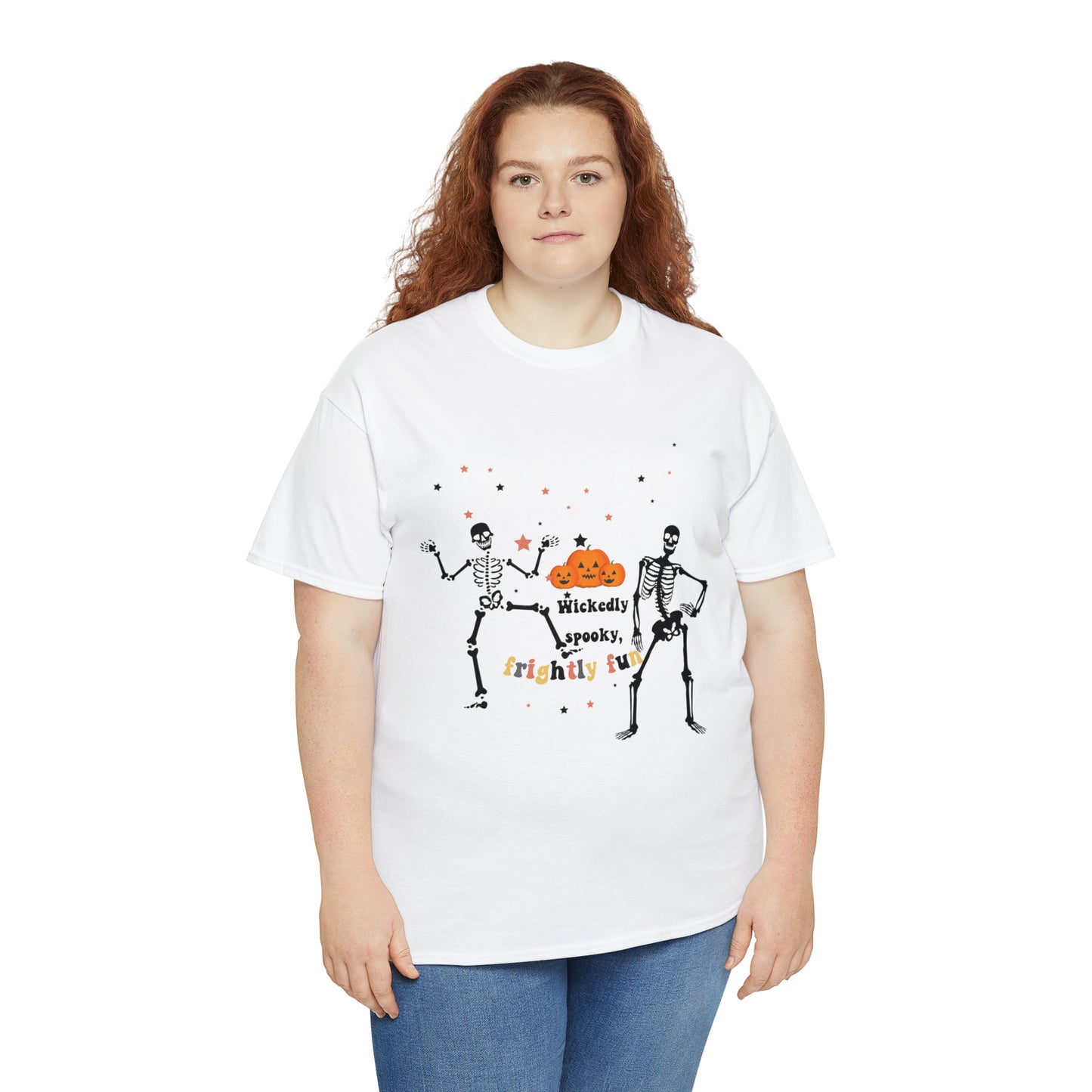 Unisex Heavy Cotton Tee| Pumpkin Halloween Shirt, Dancing Skeleton T Shirt, Pumpkin T-shirt, Fall Shirts, Wicked spooky, frightly funny.
