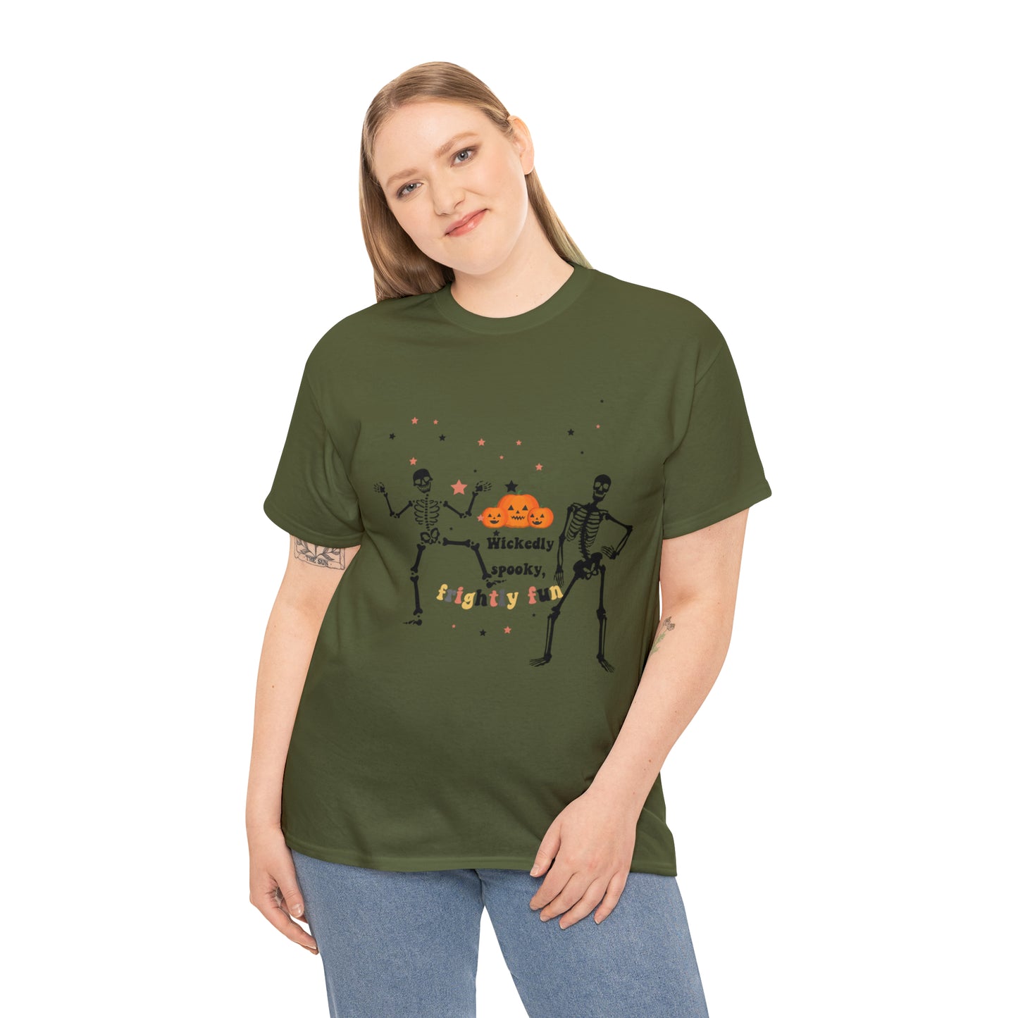 Unisex Heavy Cotton Tee| Pumpkin Halloween Shirt, Dancing Skeleton T Shirt, Pumpkin T-shirt, Fall Shirts, Wicked spooky, frightly funny.