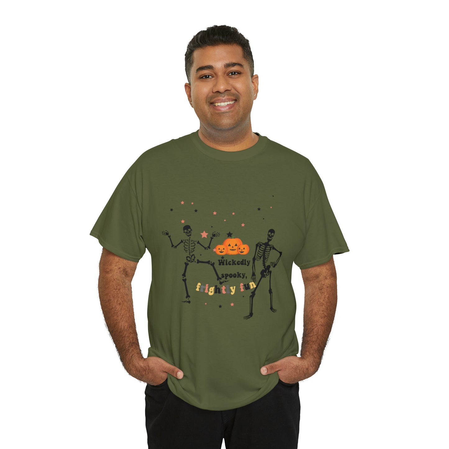 Unisex Heavy Cotton Tee| Pumpkin Halloween Shirt, Dancing Skeleton T Shirt, Pumpkin T-shirt, Fall Shirts, Wicked spooky, frightly funny.