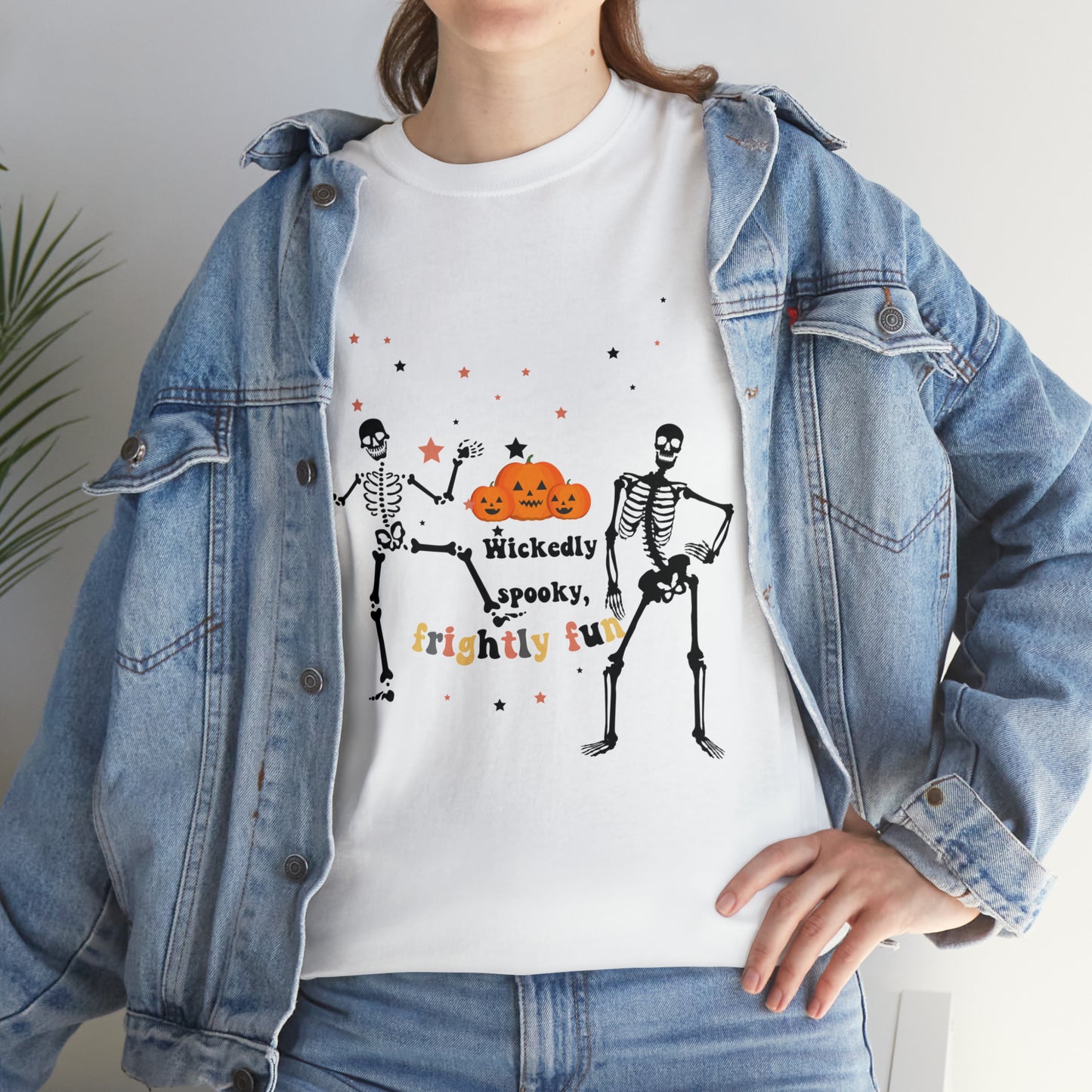 Unisex Heavy Cotton Tee| Pumpkin Halloween Shirt, Dancing Skeleton T Shirt, Pumpkin T-shirt, Fall Shirts, Wicked spooky, frightly funny.
