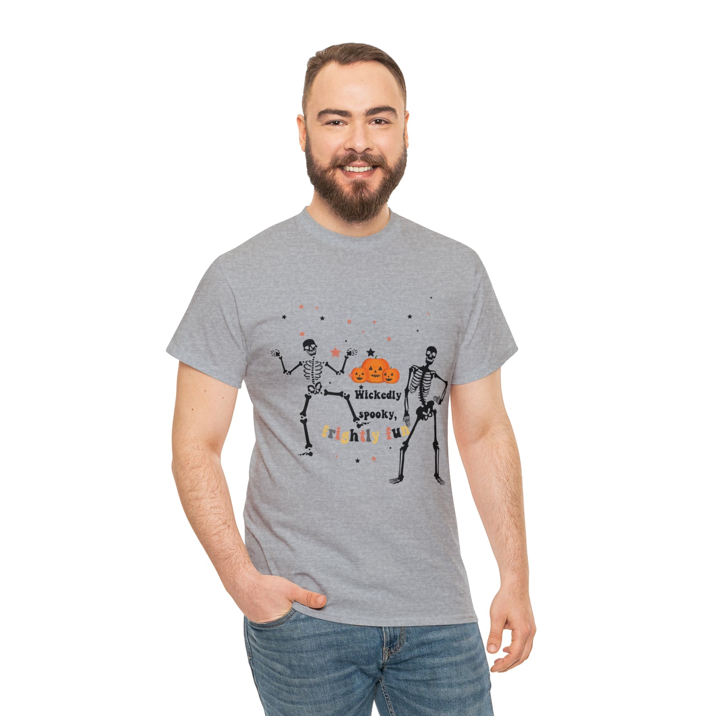 Unisex Heavy Cotton Tee| Pumpkin Halloween Shirt, Dancing Skeleton T Shirt, Pumpkin T-shirt, Fall Shirts, Wicked spooky, frightly funny.