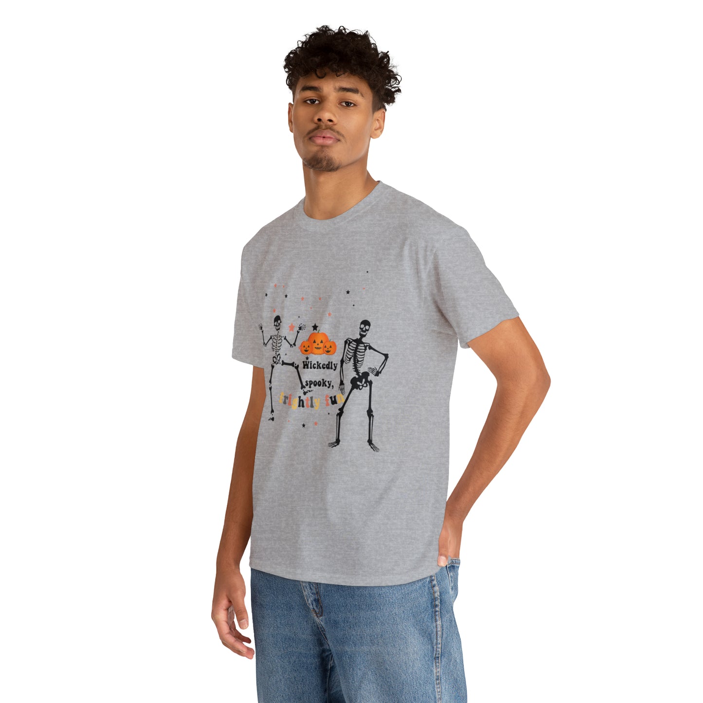 Unisex Heavy Cotton Tee| Pumpkin Halloween Shirt, Dancing Skeleton T Shirt, Pumpkin T-shirt, Fall Shirts, Wicked spooky, frightly funny.