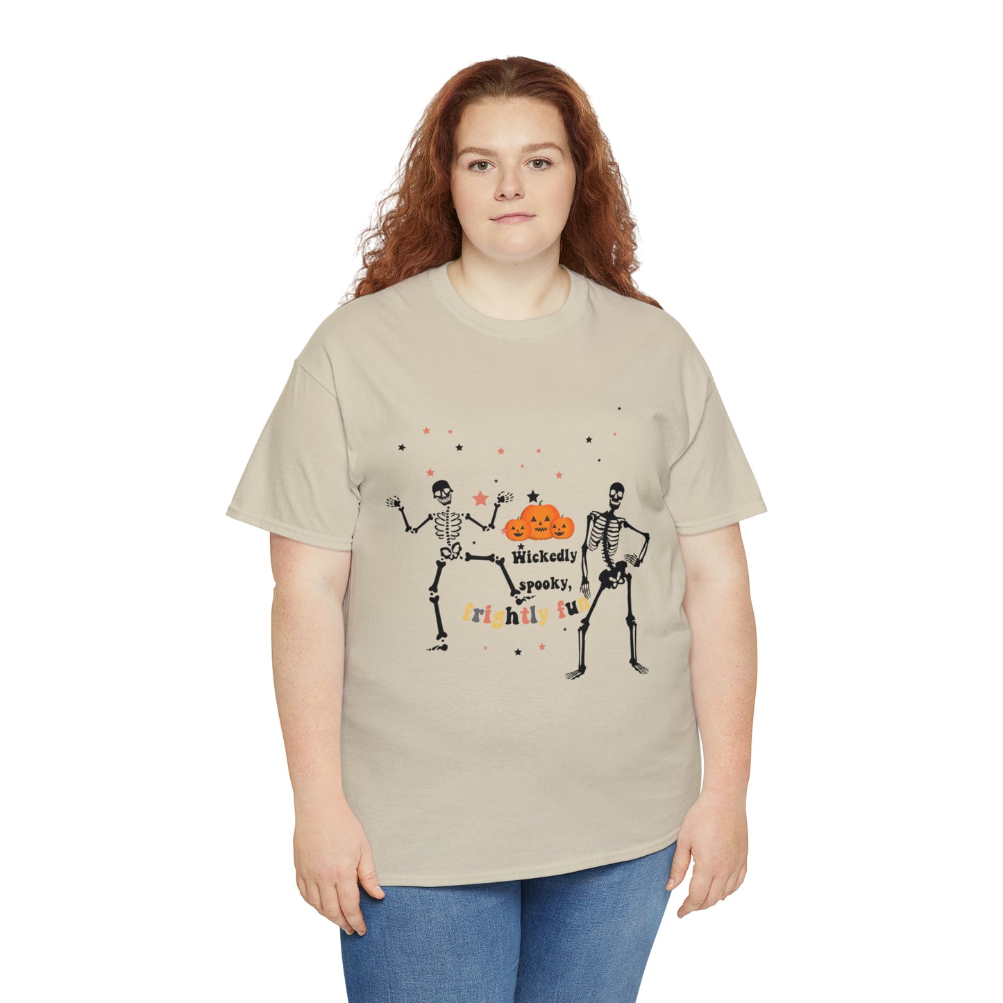 Unisex Heavy Cotton Tee| Pumpkin Halloween Shirt, Dancing Skeleton T Shirt, Pumpkin T-shirt, Fall Shirts, Wicked spooky, frightly funny.