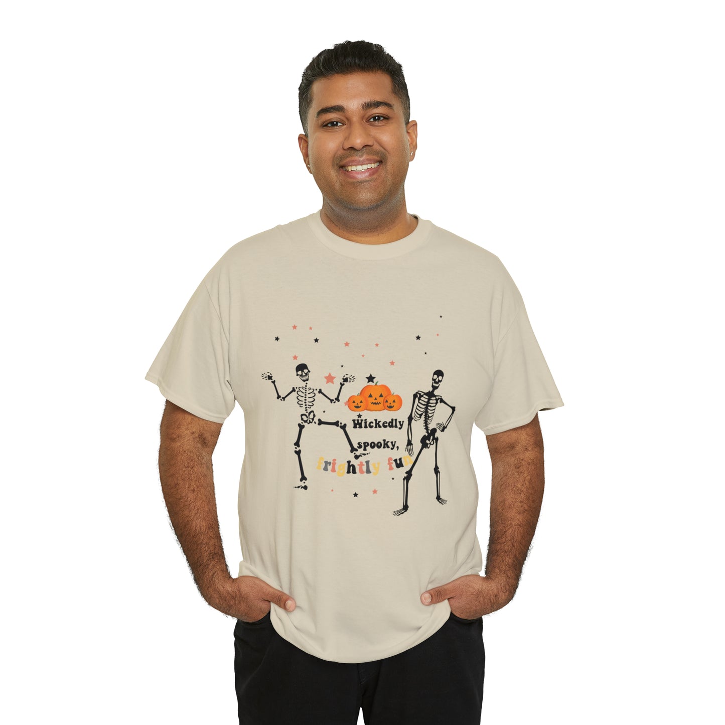 Unisex Heavy Cotton Tee| Pumpkin Halloween Shirt, Dancing Skeleton T Shirt, Pumpkin T-shirt, Fall Shirts, Wicked spooky, frightly funny.