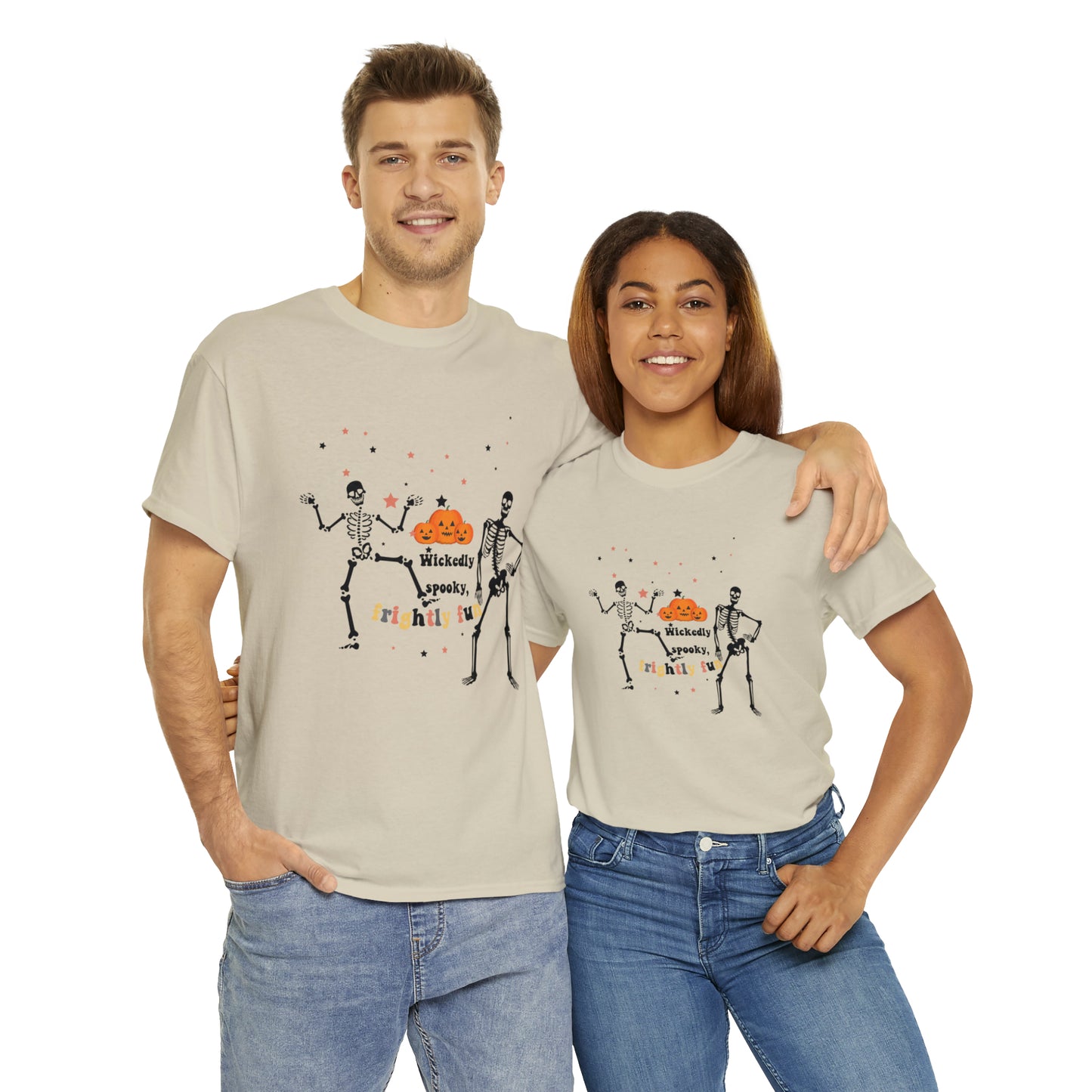 Unisex Heavy Cotton Tee| Pumpkin Halloween Shirt, Dancing Skeleton T Shirt, Pumpkin T-shirt, Fall Shirts, Wicked spooky, frightly funny.