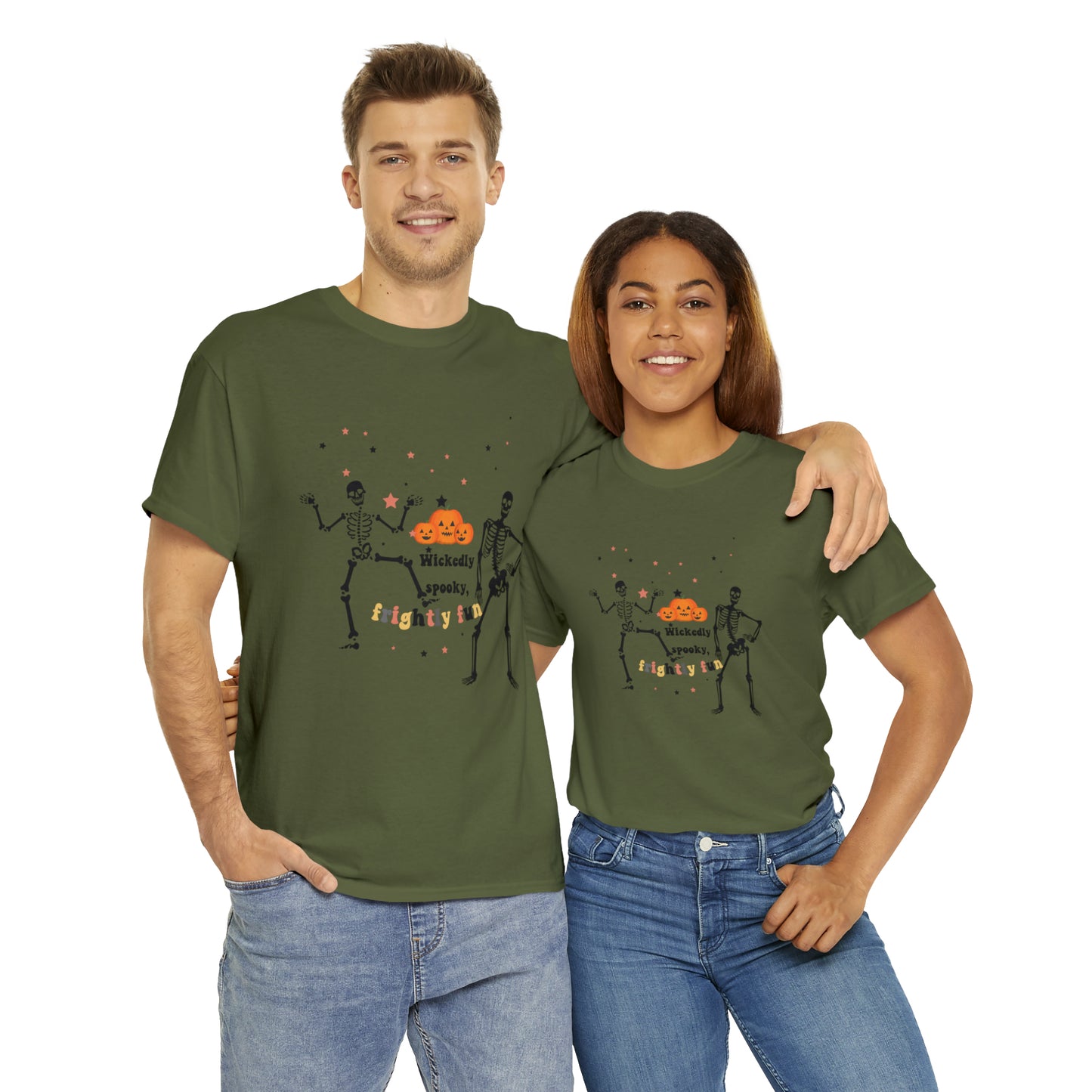 Unisex Heavy Cotton Tee| Pumpkin Halloween Shirt, Dancing Skeleton T Shirt, Pumpkin T-shirt, Fall Shirts, Wicked spooky, frightly funny.