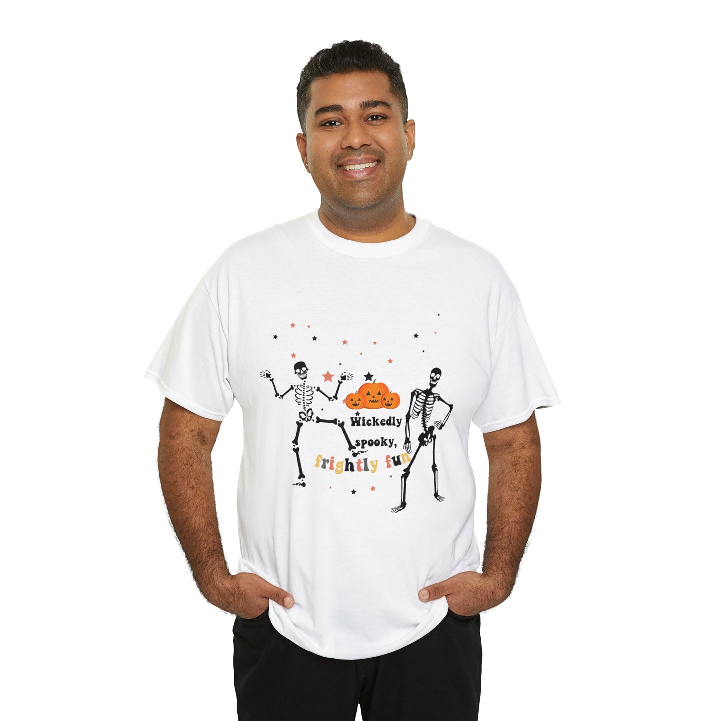 Unisex Heavy Cotton Tee| Pumpkin Halloween Shirt, Dancing Skeleton T Shirt, Pumpkin T-shirt, Fall Shirts, Wicked spooky, frightly funny.