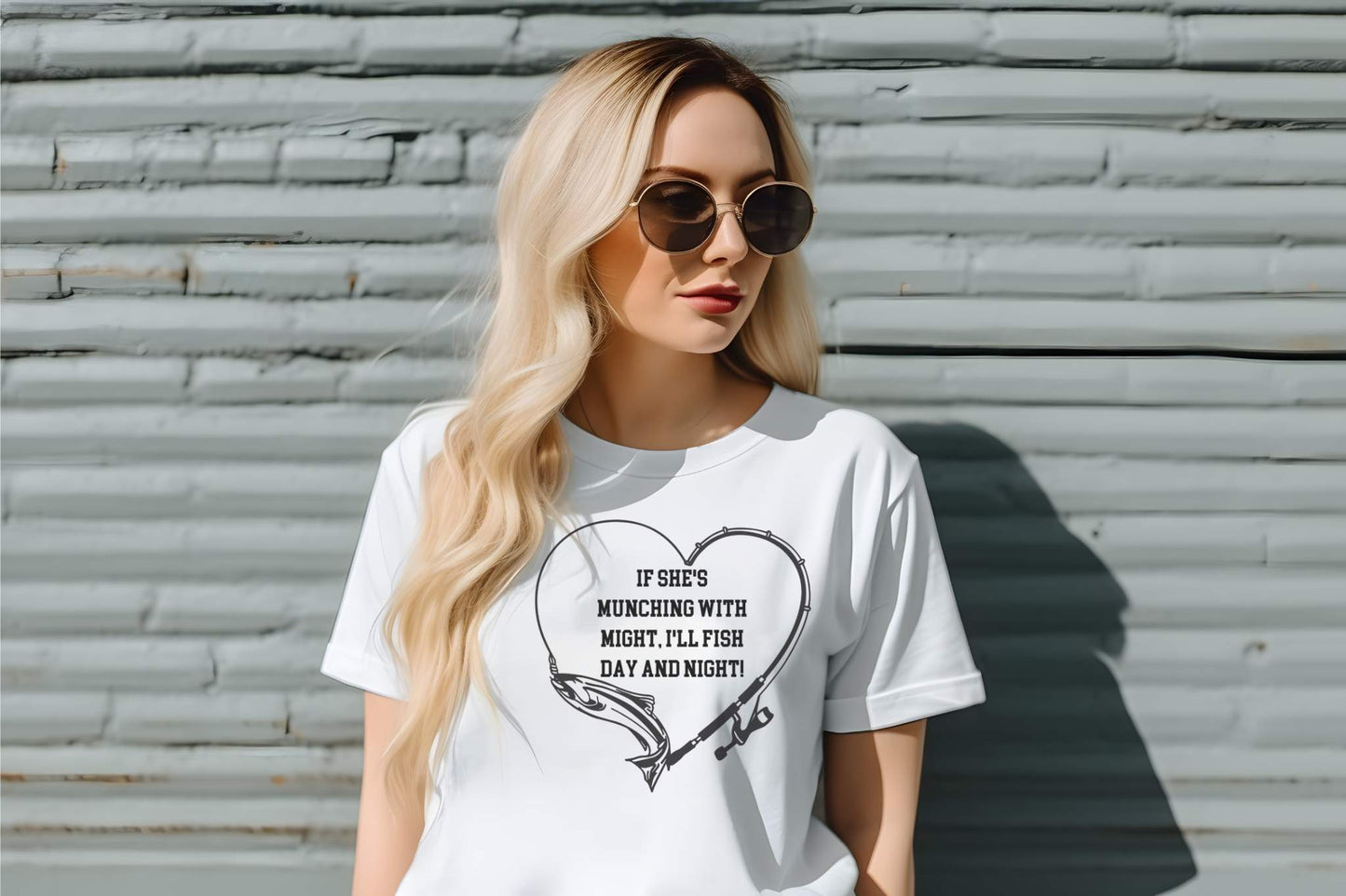 Unisex Jersey Short Sleeve Tee. IF SHE'S MUNCHING WITH MIGHT, I WILL FISH ALL DAY LONG.