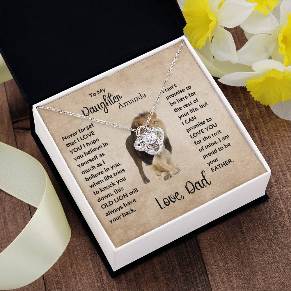 To My Daughter| Personalized Message | This Old Lion will Always have your back | Love Knot Necklace.