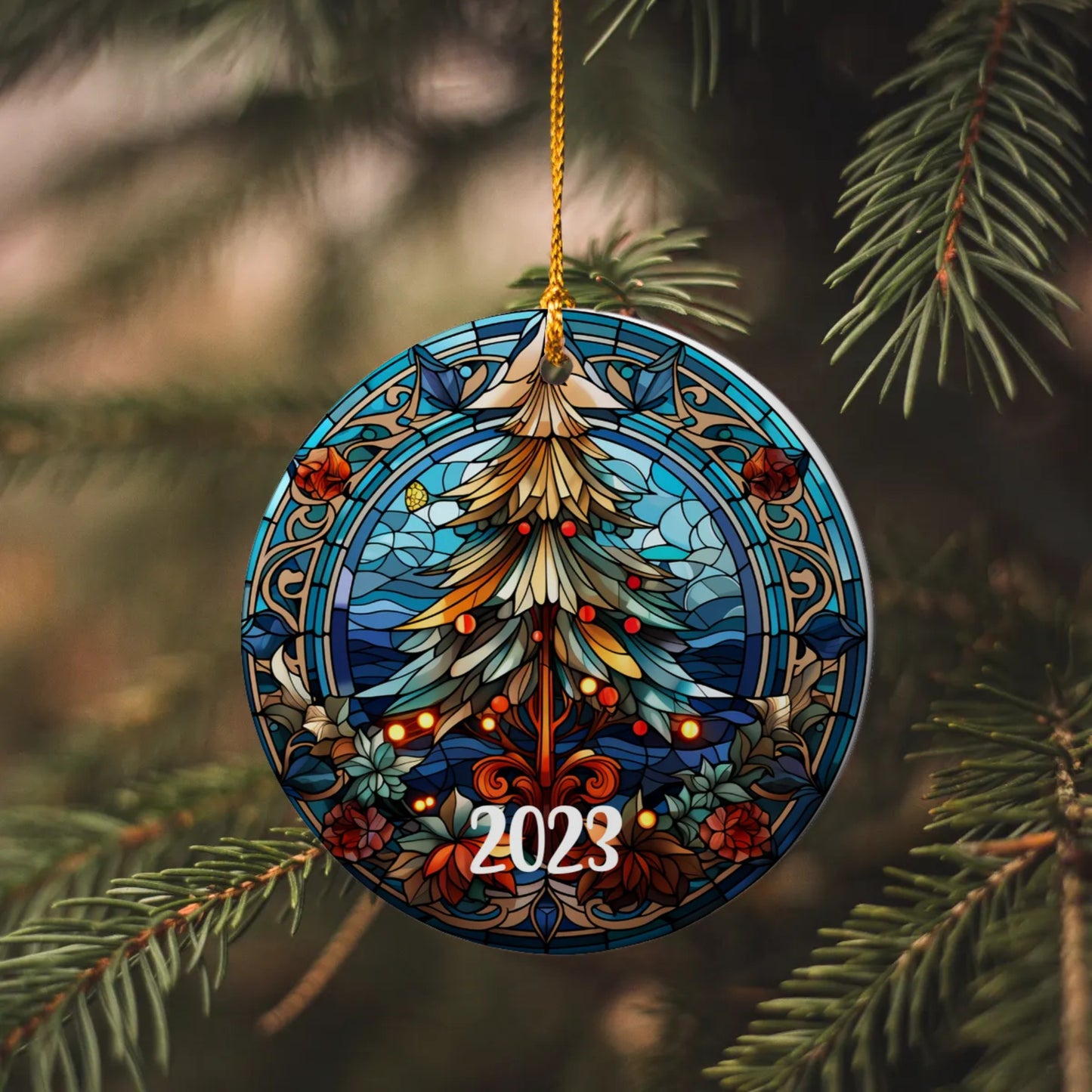Stained Glass Christmas Tree 2023 | SUBORNC Ornament (Circle) | Customize