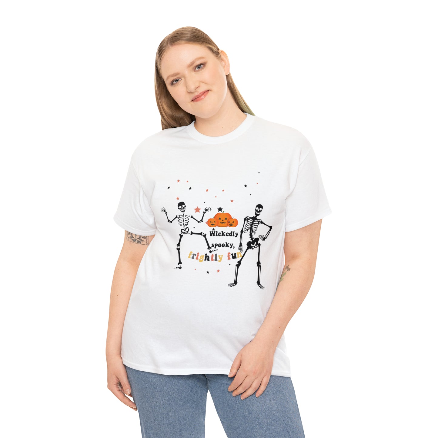 Unisex Heavy Cotton Tee| Pumpkin Halloween Shirt, Dancing Skeleton T Shirt, Pumpkin T-shirt, Fall Shirts, Wicked spooky, frightly funny.