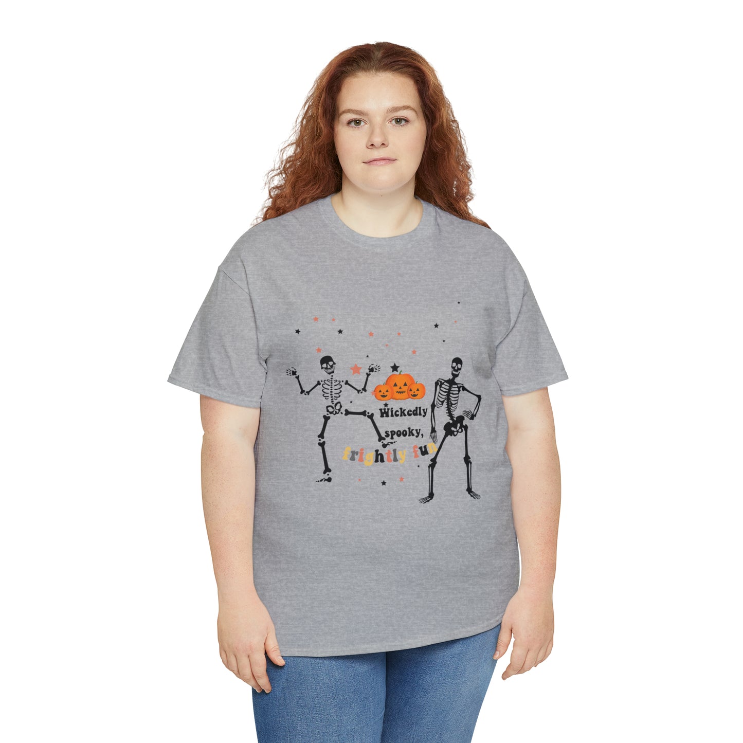 Unisex Heavy Cotton Tee| Pumpkin Halloween Shirt, Dancing Skeleton T Shirt, Pumpkin T-shirt, Fall Shirts, Wicked spooky, frightly funny.