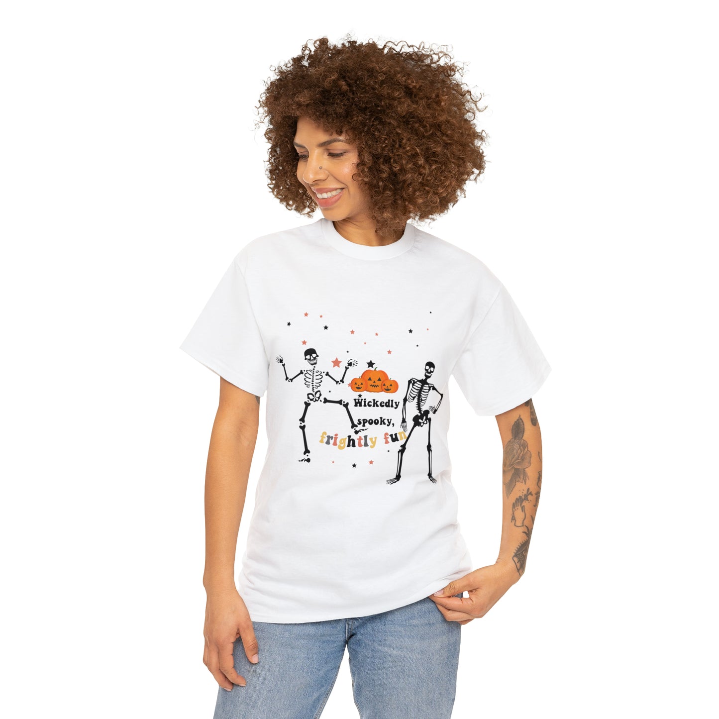 Unisex Heavy Cotton Tee| Pumpkin Halloween Shirt, Dancing Skeleton T Shirt, Pumpkin T-shirt, Fall Shirts, Wicked spooky, frightly funny.