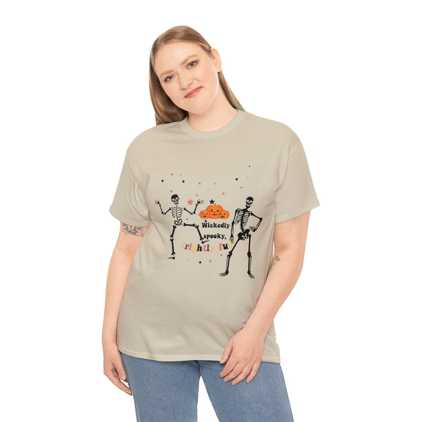 Unisex Heavy Cotton Tee| Pumpkin Halloween Shirt, Dancing Skeleton T Shirt, Pumpkin T-shirt, Fall Shirts, Wicked spooky, frightly funny.