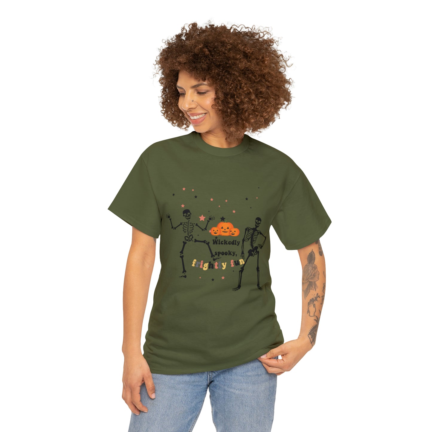 Unisex Heavy Cotton Tee| Pumpkin Halloween Shirt, Dancing Skeleton T Shirt, Pumpkin T-shirt, Fall Shirts, Wicked spooky, frightly funny.