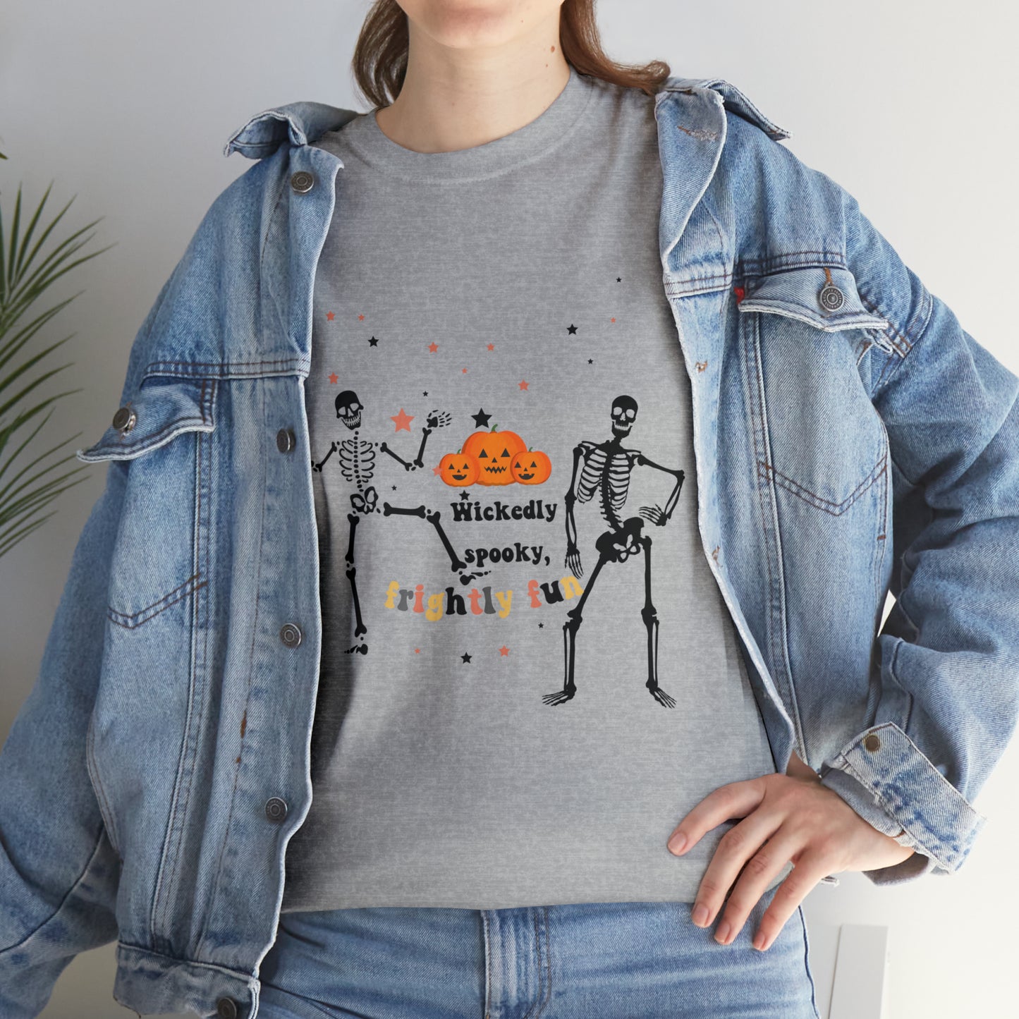 Unisex Heavy Cotton Tee| Pumpkin Halloween Shirt, Dancing Skeleton T Shirt, Pumpkin T-shirt, Fall Shirts, Wicked spooky, frightly funny.