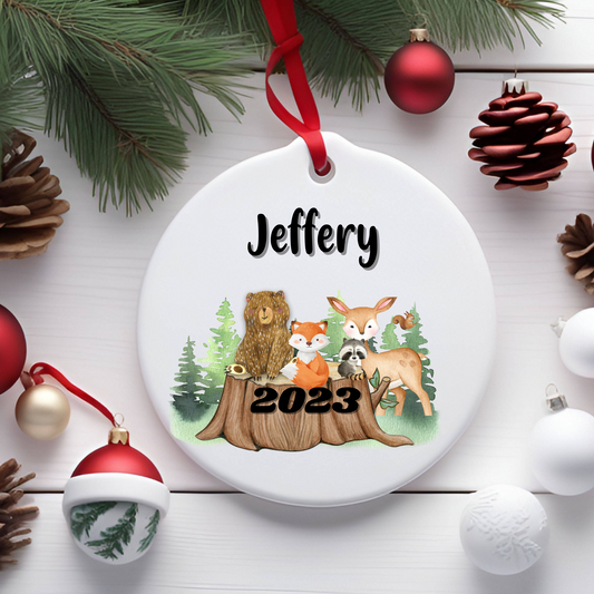 Woodland animals (Child's Name + First Christmas) | Metal Ornaments | Personalize